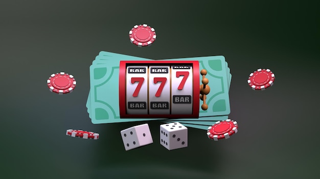 Spielautomaten-Casino-Element mit Gewinnkombination und Geld Render in 3D