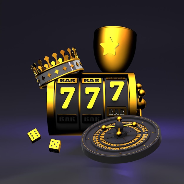 Spielautomaten-Roulette-Kronenwürfel und goldener Becher Schwarze Casino-Elemente mit goldenen Akzenten 3D-Darstellung