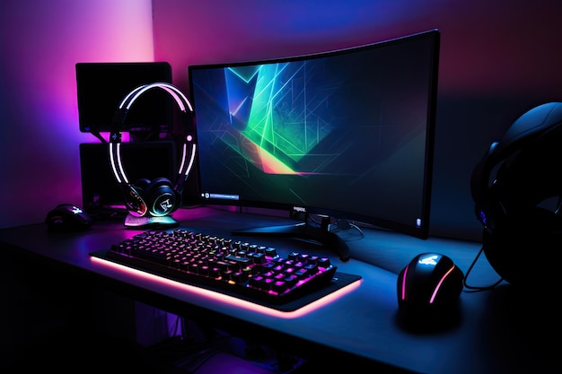 Spielcomputer-Desktop mit Neonlicht-Hintergrund Moderne PC-Computer-Gaming-Tastatur 3D-Rendering