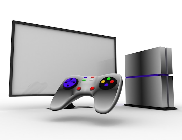 Spielekonsole mit Fernseher. 3D gerenderte Darstellung