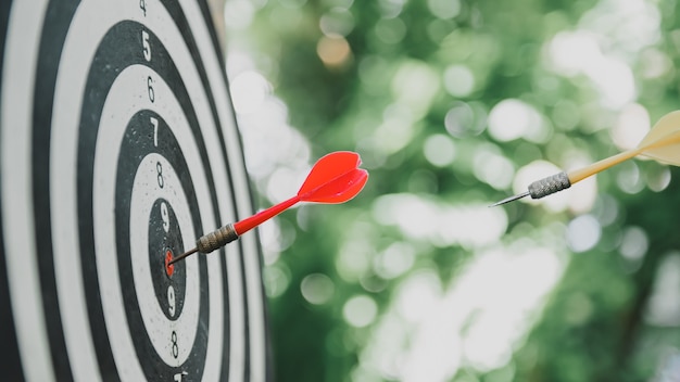 Spielen Sie Dart-Spiel im Garten. Geschäftserfolg und Ziel. Training und Aktivität zu Hause.