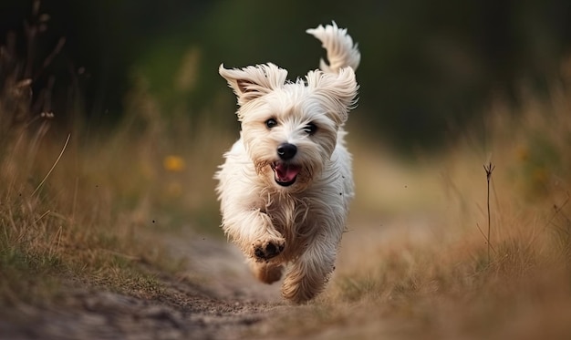Spielerisch, glücklich, süß, lächelnd, Haustier, Welpe, läuft, springt im Gras, generative KI