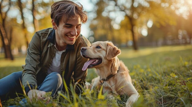 spielerischer Hund und sein Besitzer in der Natur im Freien pragma