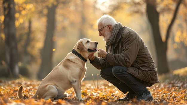 spielerischer Hund und sein Besitzer in der Natur im Freien pragma