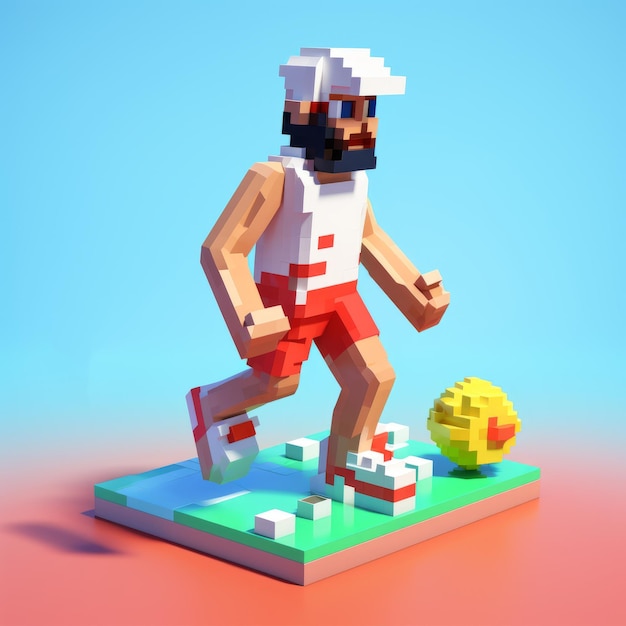 Spielhafte 3D-Pixelkunst von Aiden, der Volleyball am Strand spielt