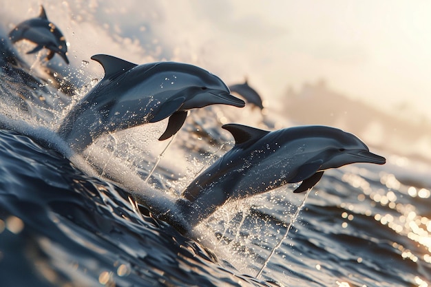 Spielhafte Delfine springen in den Wellen des Ozeans