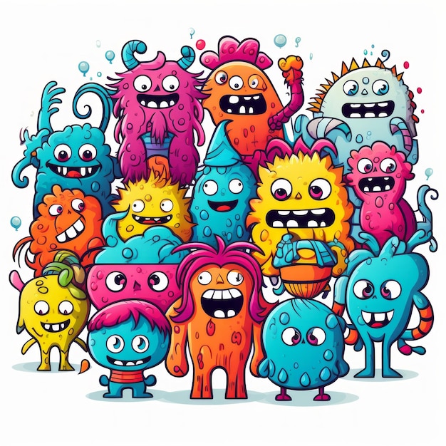 Spielhafte Doodle-Monster vereinen sich in einem farbenfrohen Symbol Generative KI