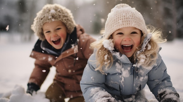 Foto spielhafte geschwister, die sich im schnee amüsieren