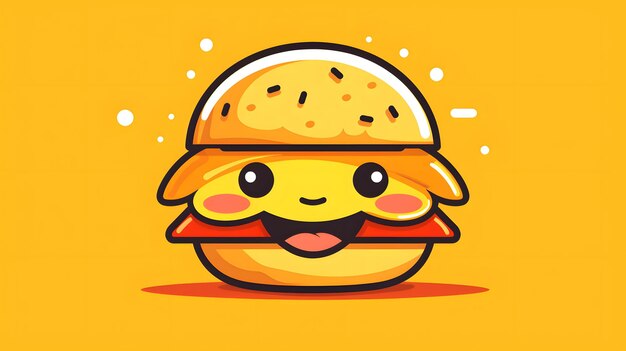 Spielhafte Grafik eines Burgers mit Augen und einem lächelnden Gesicht