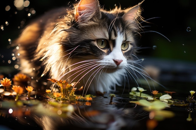 Foto spielhafte katze in der wasserquelle generative ia