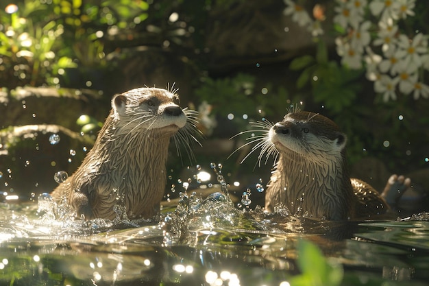 Spielhafte Otter spielen in einem funkelnden Bach