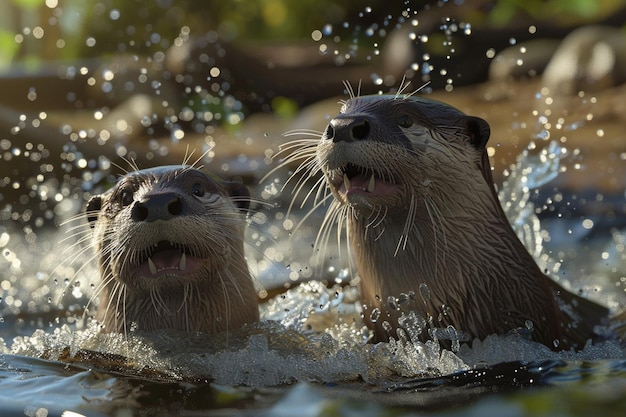 Spielhafte Otter spritzen in einem Bach