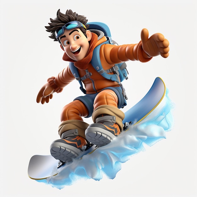 Spielhaftes 3D-Cartoon-Snowboard auf weißem Hintergrund