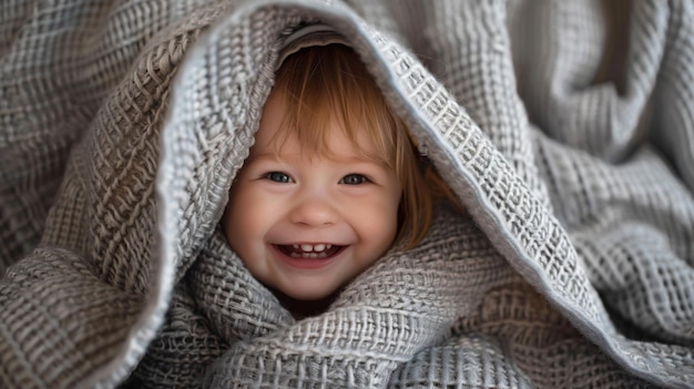 Spielhaftes Kleinkind spielt Peekaboo hinter einer weichen Decke ihr Lachen füllt den Raum mit Freude