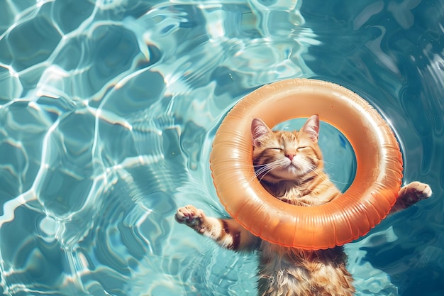 Spielige orangefarbene Katze schwebt im Pool mit Vintage-Ästhetik