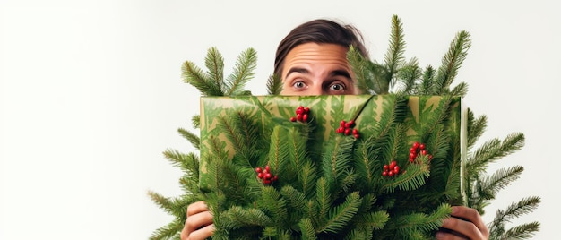 Spieliger Mann versteckt sich hinter dem Weihnachtsbaum KI-Generativ