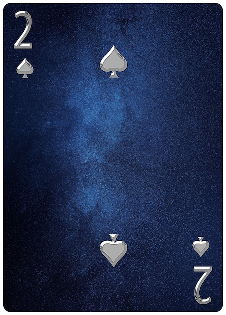 Spielkarte Pik zwei, Raumhintergrund, Goldsilbersymbole, mit Beschneidungspfad.