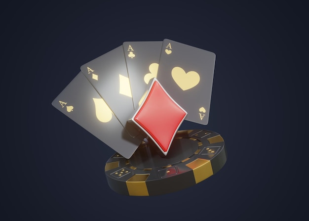 Spielkarten-Diamanten-Symbol, Spielkarten-Symbole, Pokerchip-Würfel und Ass isoliert auf schwarzem Hintergrund 3D
