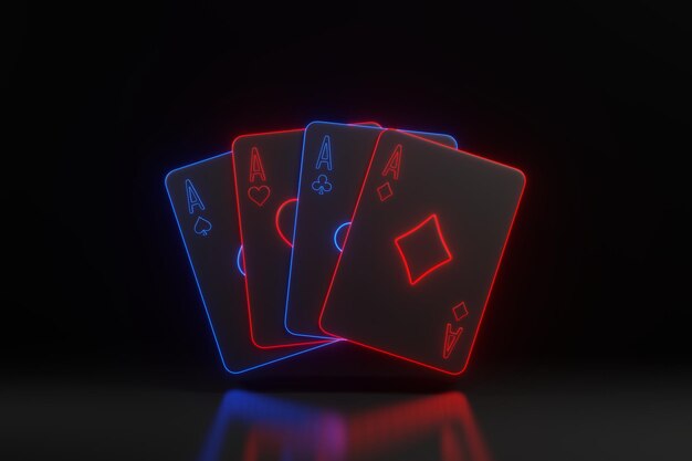 Spielkarten mit futuristischen neonroten und blauen Lichtern auf schwarzem Hintergrund Casino-Karten 3D-Rendering