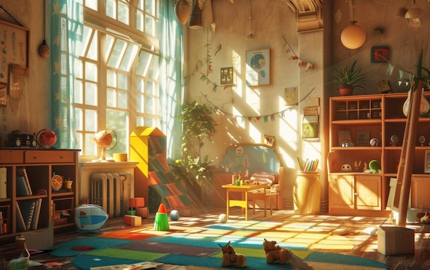 Spielplatz im Kinderzimmer mit morgendlichem Sonnenlicht