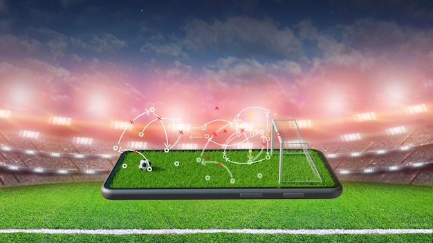 Spielstrategie auf Smartphone-Fußballfeld und helle Scheinwerfer 3D-Rendering