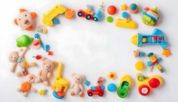 Foto spielzeug für babys und kinder rahmen auf weißem hintergrund top-ansicht flachlage kopierraum für text