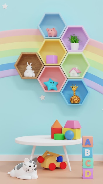 Spielzeug und Puppe auf dem Tisch mit Wanddekoration Kinderzimmer vertikal für mobile Tapete 3D-Render