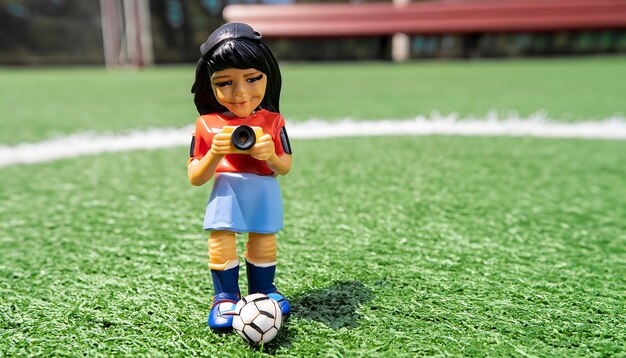 Spielzeugfotograf am Rande eines von KI generierten Fußballfeldes