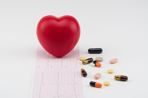 Spielzeugherz auf Kardiogramm mit Pillen. Konzept Gesundheitswesen. Kardiologie - Pflege des Herzens