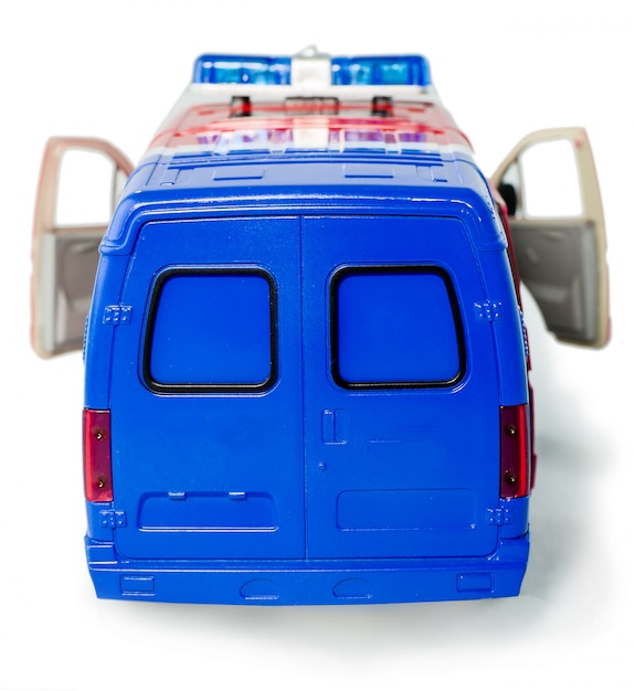 Spielzeugpolizeiwagen mit geöffneter Türrückseitenansicht.