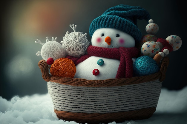 Spielzeugschneemann in einem Korb mit Feiertagsverzierungen Schnee, der magische Effekte zeichnet, sind mild