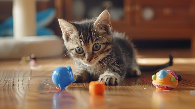 Foto spielzeugzeit dokumentieren sie die endlose unterhaltung, während schelmische katzen mit einer auswahl an spielzeug interagieren und momente reiner freude schaffen