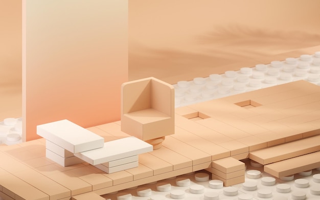 Spielzeugziegel und Podium Weißer und beiger Kunststoffbausteine Block auf pastellfarbenem Hintergrund 3D-Rendering