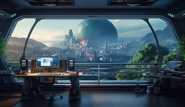 Spielzimmer mit Computer und zwei großen Monitoren über der Tür im futuristischen Science-Fiction-Stil