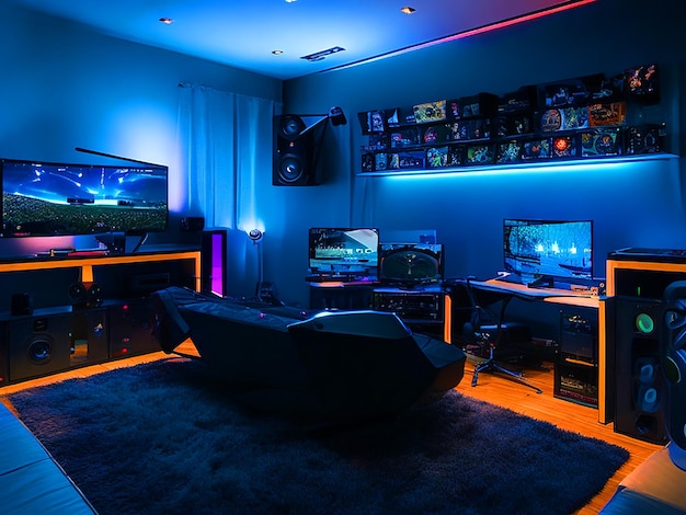 Spielzimmer mit einem Bett in der Nacht die Umgebungsbeleuchtung von den Monitors werfen einen ruhigen Glanz