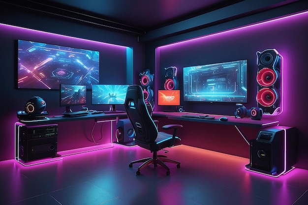 Spielzimmer mit einem Cyber-Gamer-Computer 3D-Rendering-Bild von Neonbeleuchtung