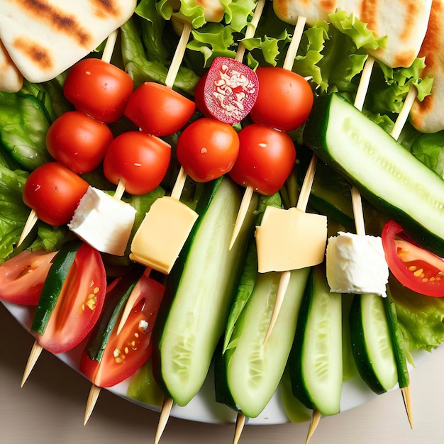 Spieße mit Tomaten, Gurken, Käse, Fladenbrot und Salat auf einem Teller von oben