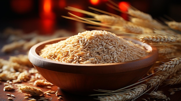 Spikelets de trigo y cuenco con harina de avena en una mesa de madera