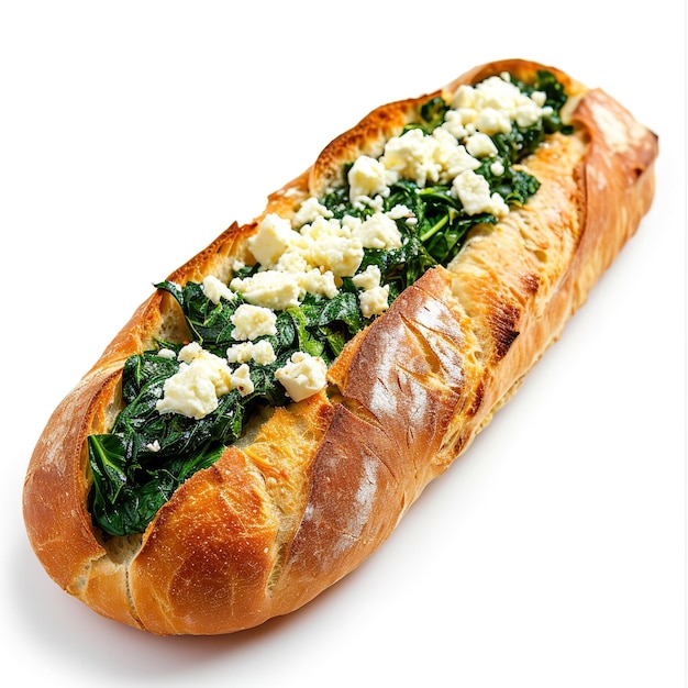 Spinat- und Feta-Baguette auf weißem Hintergrund