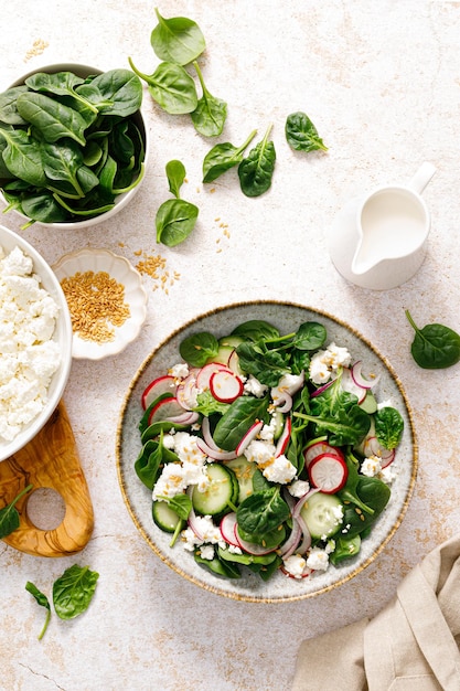 Spinat und Hüttenkäse frischer grüner Gemüsesalat mit Rettichgurke und Joghurt gesunde Ernährung Draufsicht