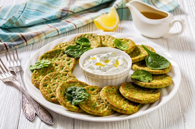 Spinatpfannkuchen auf weißem Teller mit Soße