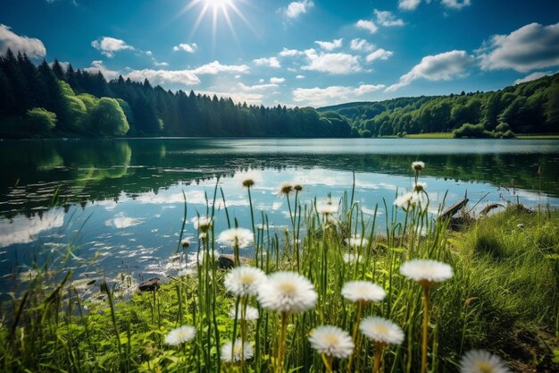 Foto sping-ansicht mit löwenzahnwiese in der eifel-landschaft in deutschland mit dem rursee-see