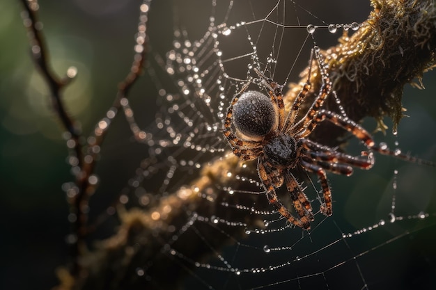 Spinne webt in der Dämmerung ein Netz mit leuchtenden Augen, generative IA