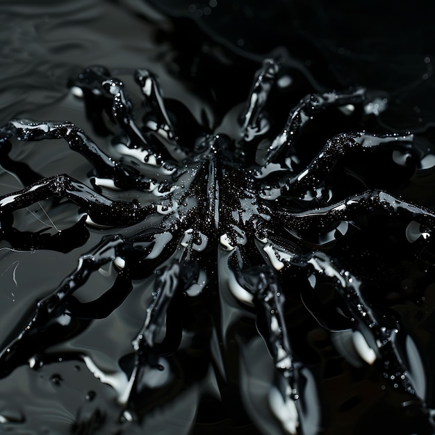 Spinnenform in Rippling Tar Black Opaque Liquid mit Silber-Hintergrundkunst Y2K Glowing Concept