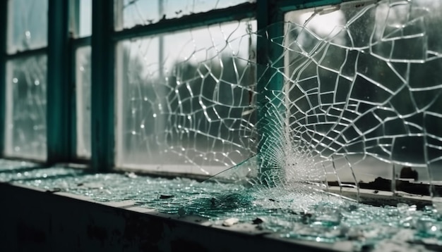 Spinnennetz fängt von KI erzeugte Regentropfen auf zerbrochenem Glas ein