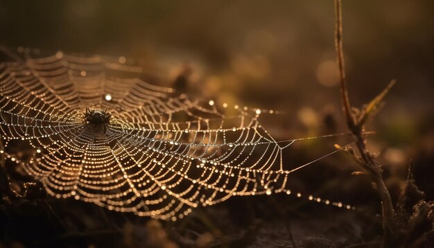 Spinnennetz glänzt mit Tau im Herbstwald, der von KI erzeugt wird