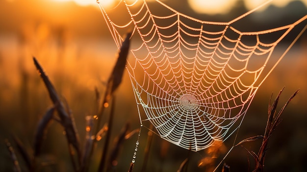 Spinnennetz im Taus close-up Morgen-Tau auf dem Spinnennett