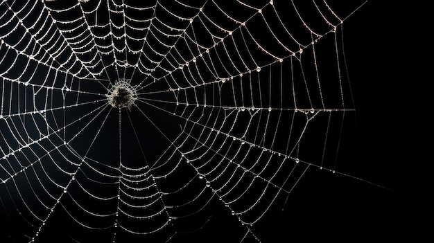 Spinnennetz mit Wassertropfen isoliert auf schwarzem Hintergrund auf Halloween generative KI Scary Hallowen Spinnennett gegen dunkle Wand Helloween gruselige Tapete und Horror-Konzept