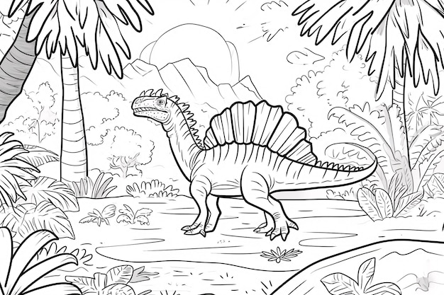 Foto spinosaurus dinosauro preto e branco doodles linear arte linear página de colorir livro de colorir para crianças