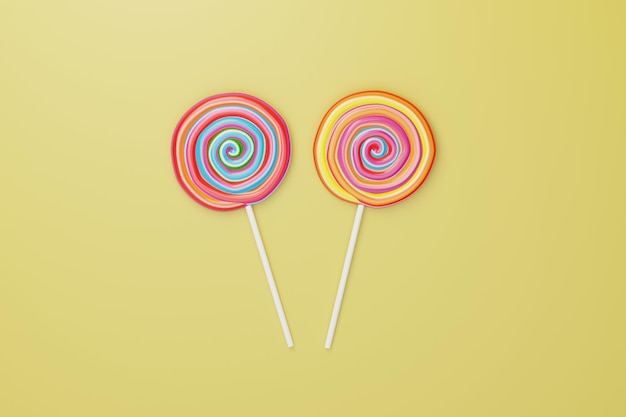 Spirale süße Lollipop-Süßigkeit, Regenbogen verdreht auf pastellfarbenem Hintergrund.